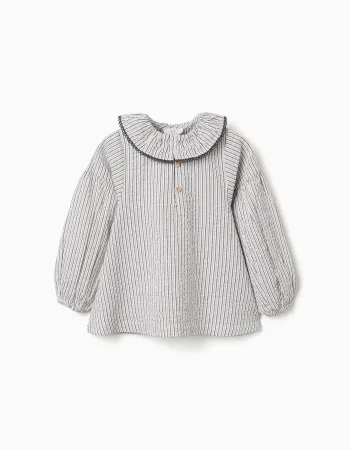 Striped cotton blouse with ruffled collar B&S for girls, white/grey