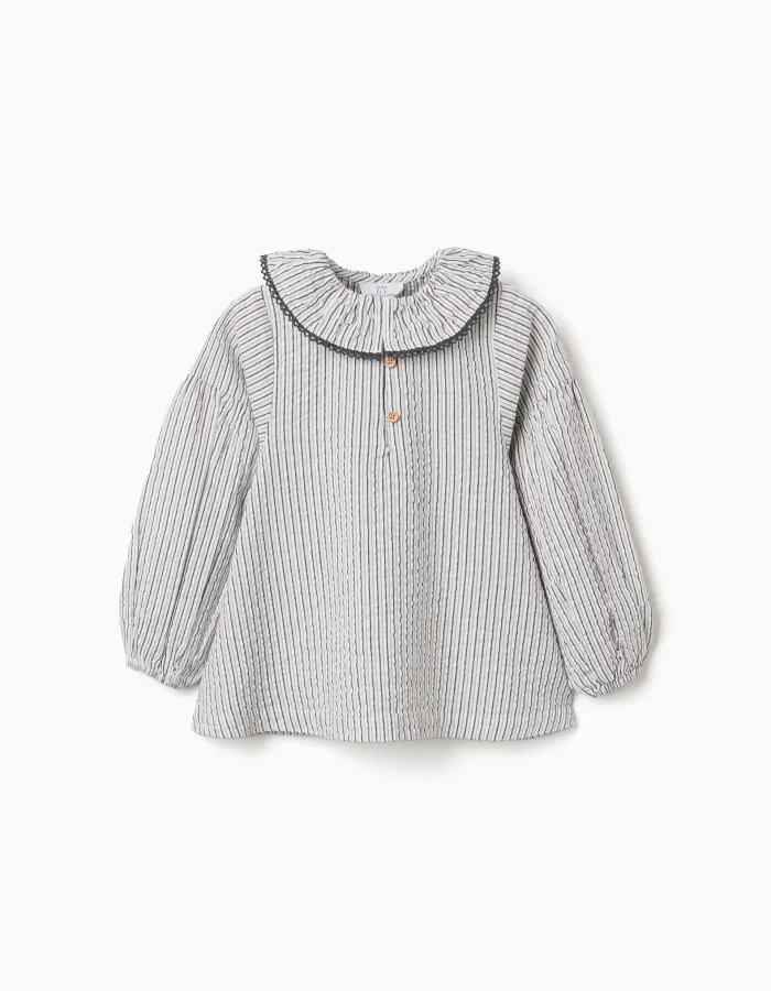 Striped cotton blouse with ruffled collar B&S for girls, white/grey