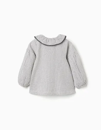 Striped cotton blouse with ruffled collar B&S for girls, white/grey