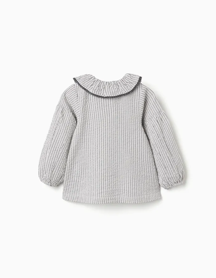 Striped cotton blouse with ruffled collar B&S for girls, white/grey