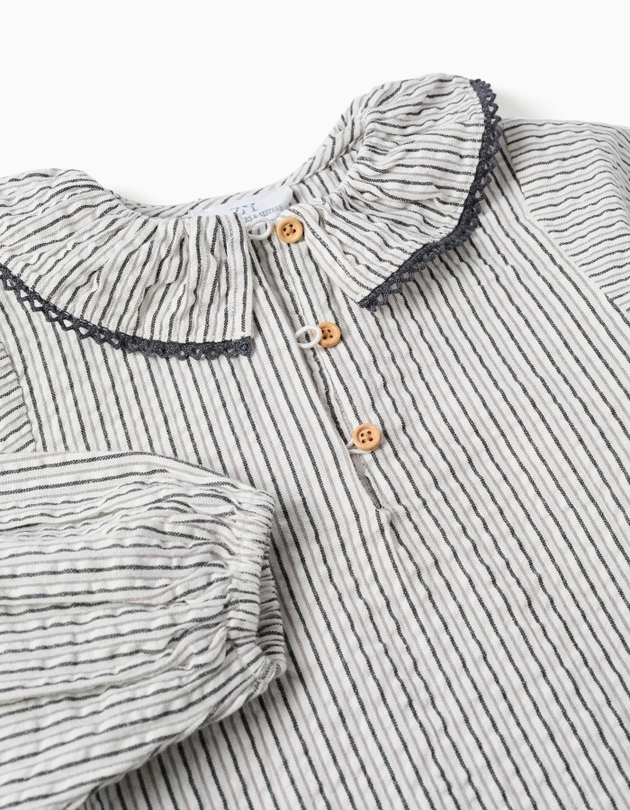Striped cotton blouse with ruffled collar B&S for girls, white/grey