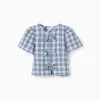 Cotton checked blouse with decorative bows B&S for girls, blue