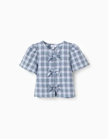 Cotton checked blouse with decorative bows B&S for girls, blue