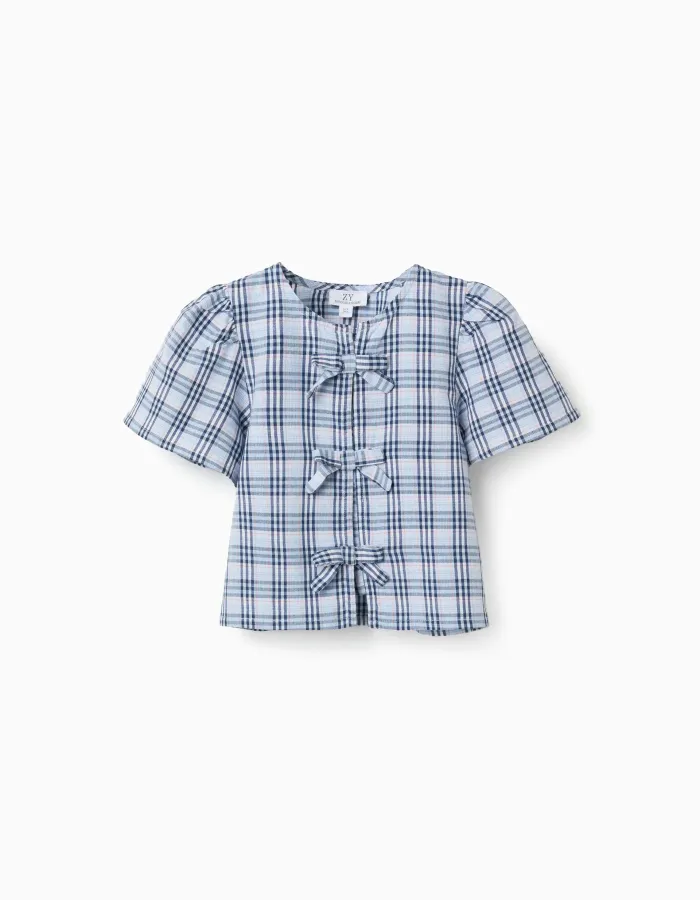 Cotton checked blouse with decorative bows B&S for girls, blue