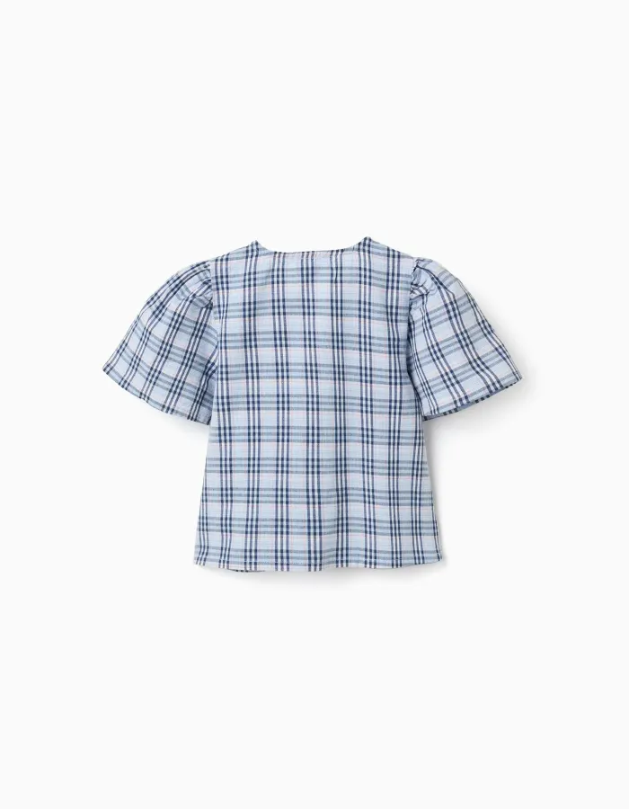 Cotton checked blouse with decorative bows B&S for girls, blue
