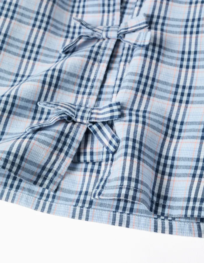 Cotton checked blouse with decorative bows B&S for girls, blue