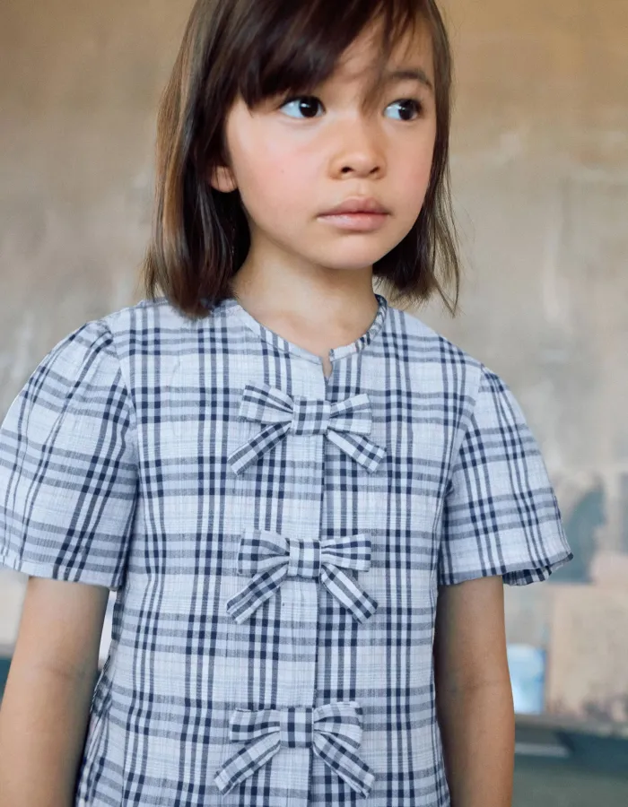 Cotton checked blouse with decorative bows B&S for girls, blue