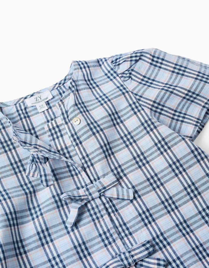 Cotton checked blouse with decorative bows B&S for girls, blue