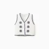 Cotton knitted vest with embroidered flowers for girls, white/dark blue