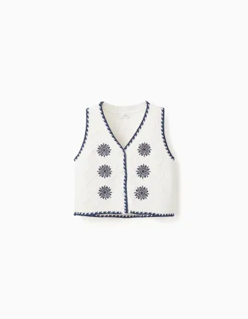 Cotton knitted vest with embroidered flowers for girls, white/dark blue