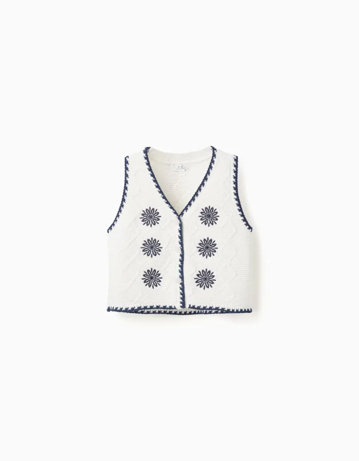Cotton knitted vest with embroidered flowers for girls, white/dark blue