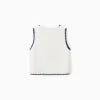 Cotton knitted vest with embroidered flowers for girls, white/dark blue