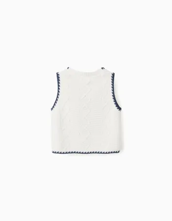 Cotton knitted vest with embroidered flowers for girls, white/dark blue