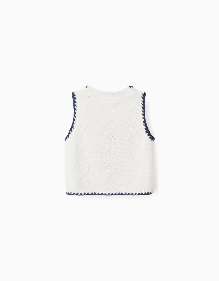 Cotton knitted vest with embroidered flowers for girls, white/dark blue