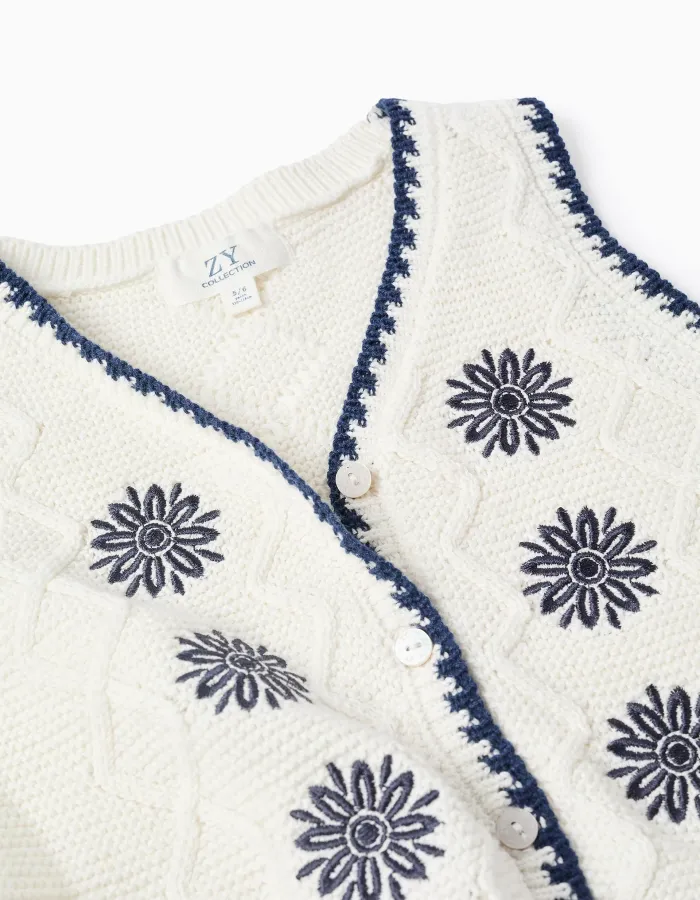 Cotton knitted vest with embroidered flowers for girls, white/dark blue