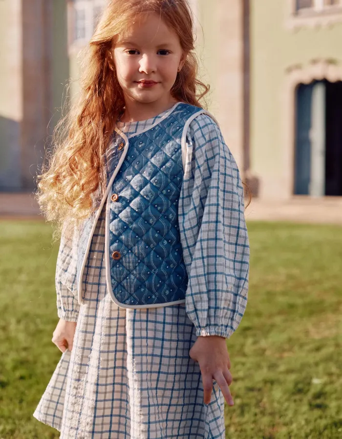 Quilted cotton vest with floral pattern for girls, blue