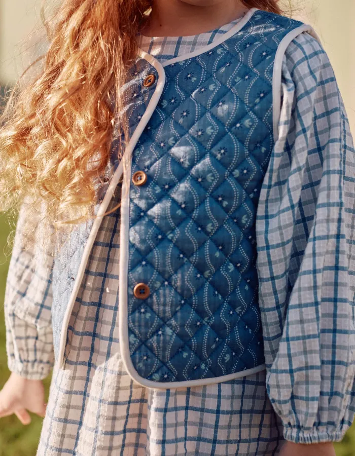 Quilted cotton vest with floral pattern for girls, blue