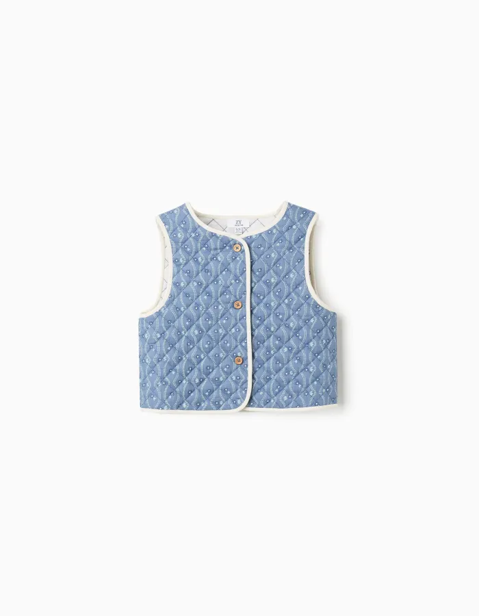 Quilted cotton vest with floral pattern for girls, blue