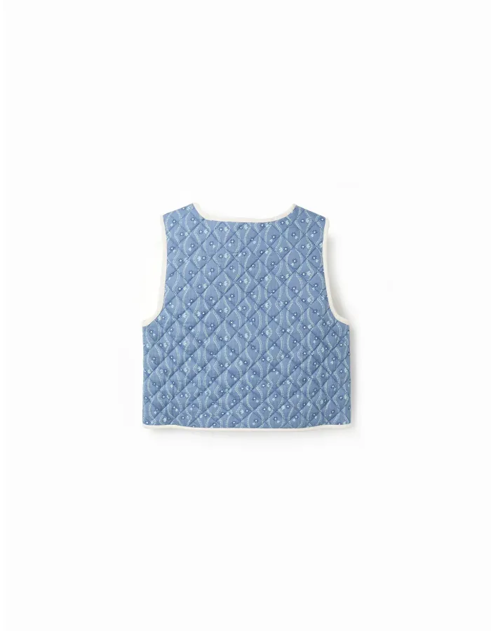 Quilted cotton vest with floral pattern for girls, blue