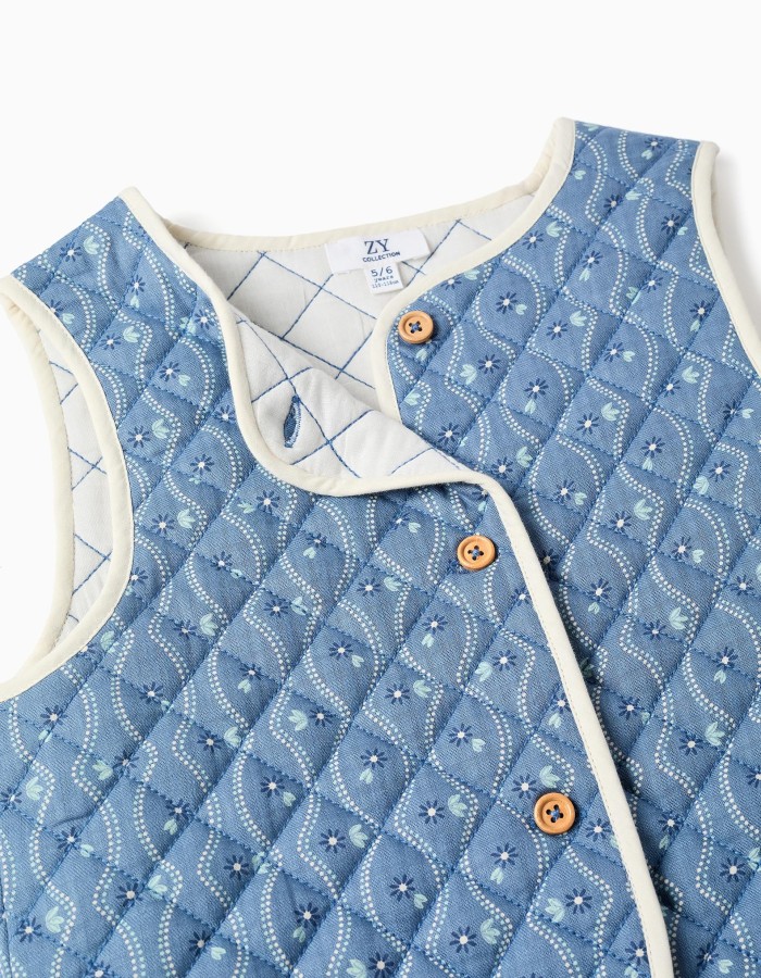 Quilted cotton vest with floral pattern for girls, blue