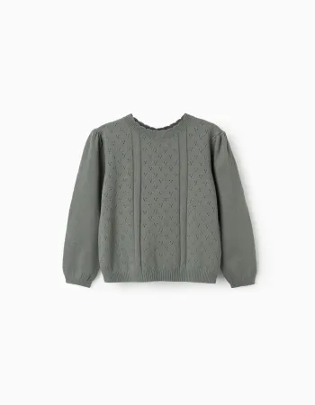 Cotton openwork knit jumper B&S for girls, dark green