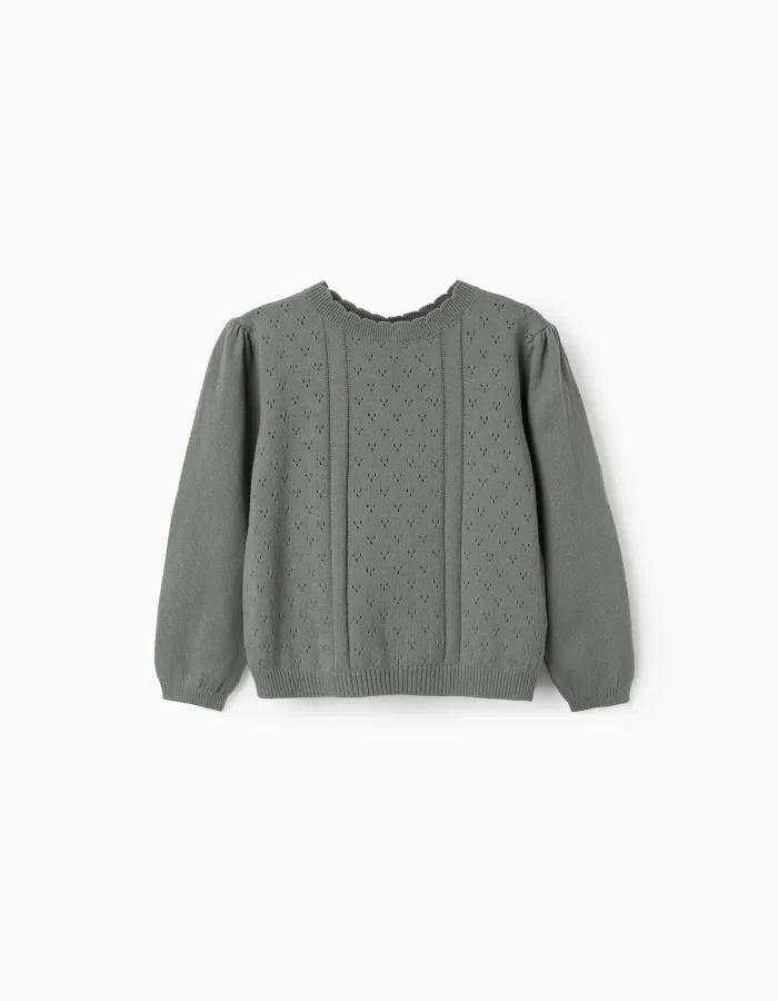 Cotton openwork knit jumper B&S for girls, dark green