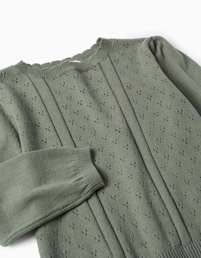 Cotton openwork knit jumper B&S for girls, dark green