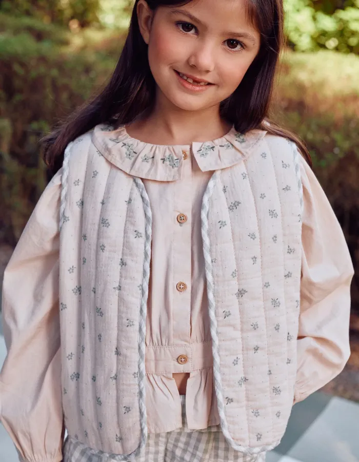 Padded cotton vest with floral motif B&S for girls, beige/green