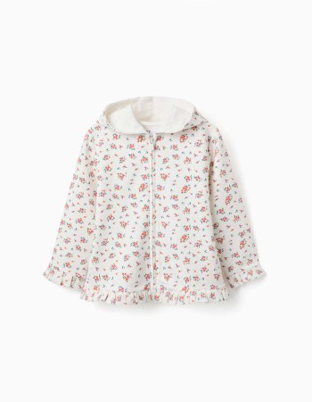 Hooded fleece jacket with floral pattern for girls, white