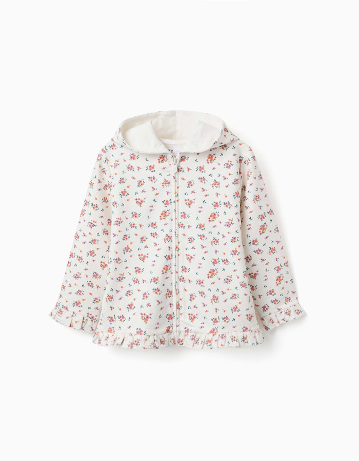Hooded fleece jacket with floral pattern for girls, white