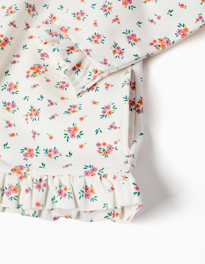 Hooded fleece jacket with floral pattern for girls, white