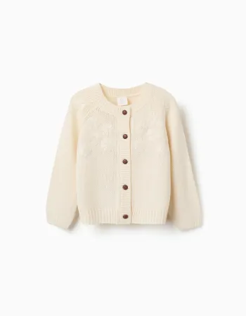 Knitted cardigan with embroidered flowers for girls, white