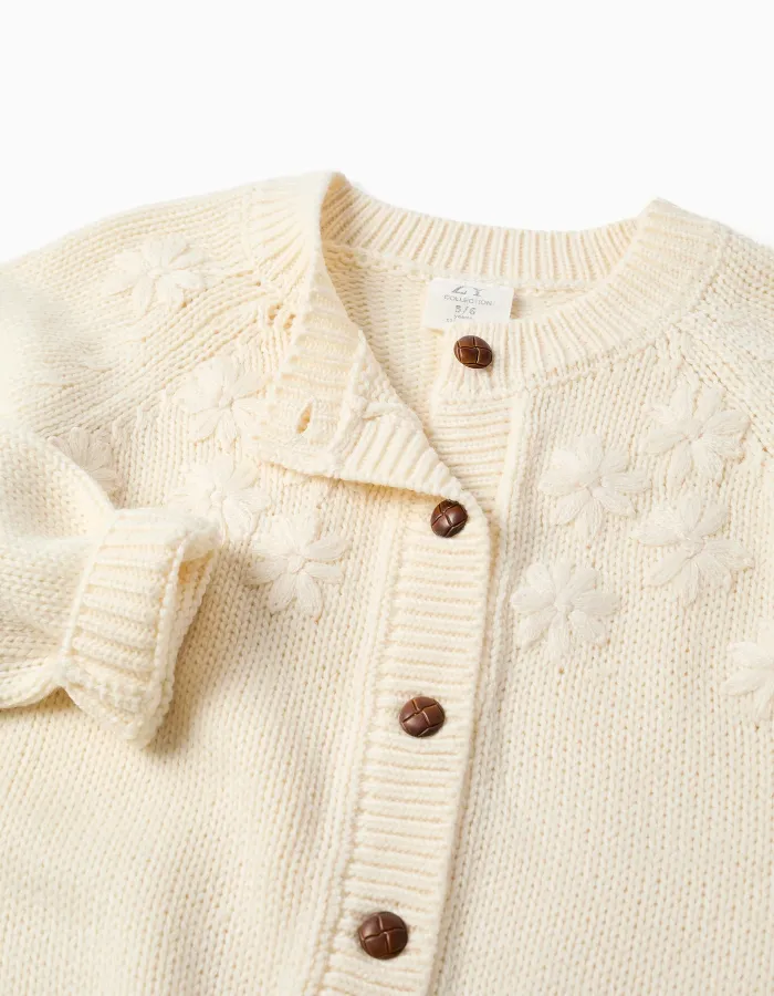 Knitted cardigan with embroidered flowers for girls, white