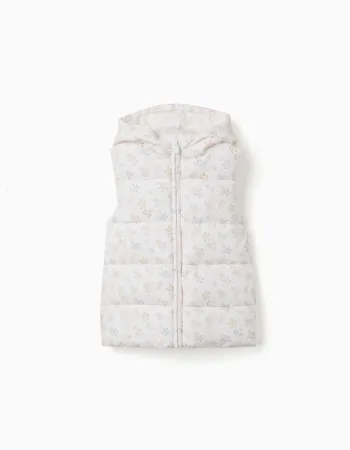 Hooded puffer vest with floral pattern for girls, white