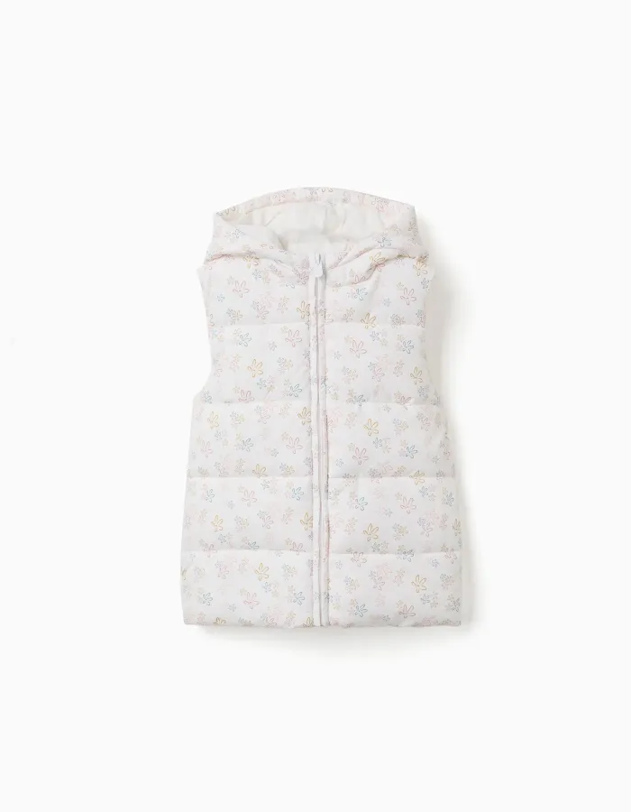 Hooded puffer vest with floral pattern for girls, white