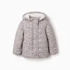Floral puffer jacket with hood and plush lining for girls, beige