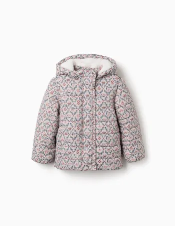 Floral puffer jacket with hood and plush lining for girls, beige