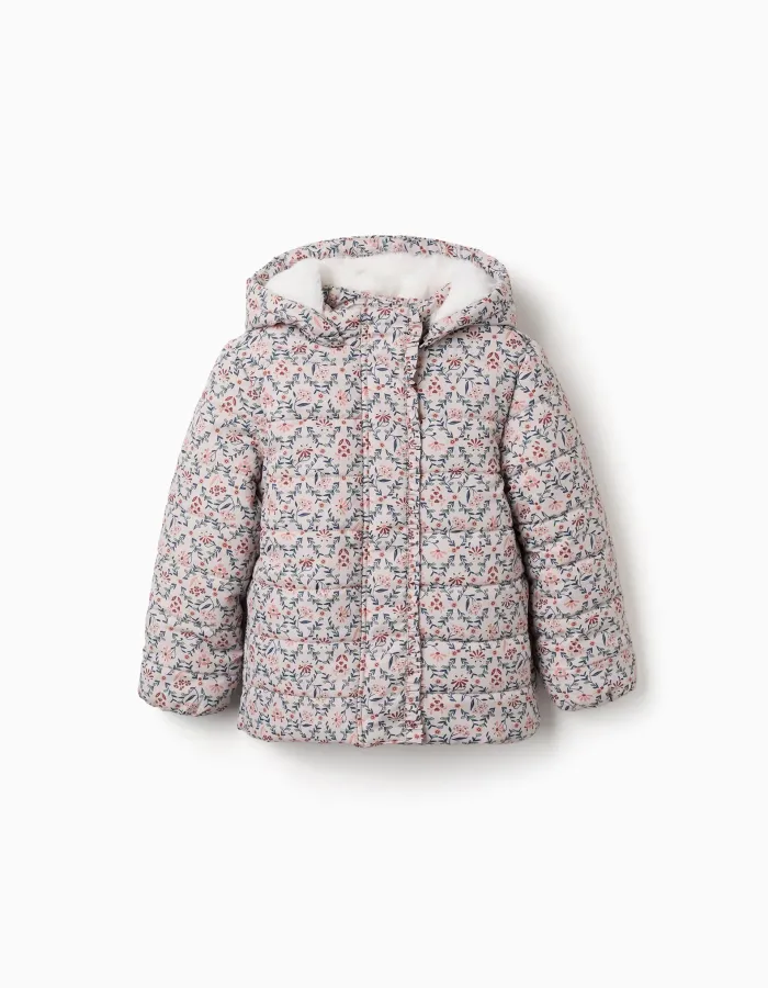 Floral puffer jacket with hood and plush lining for girls, beige