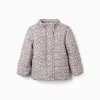 Floral puffer jacket with hood and plush lining for girls, beige