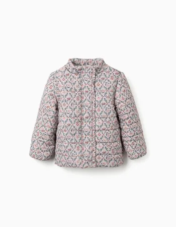 Floral puffer jacket with hood and plush lining for girls, beige