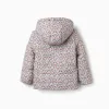 Floral puffer jacket with hood and plush lining for girls, beige