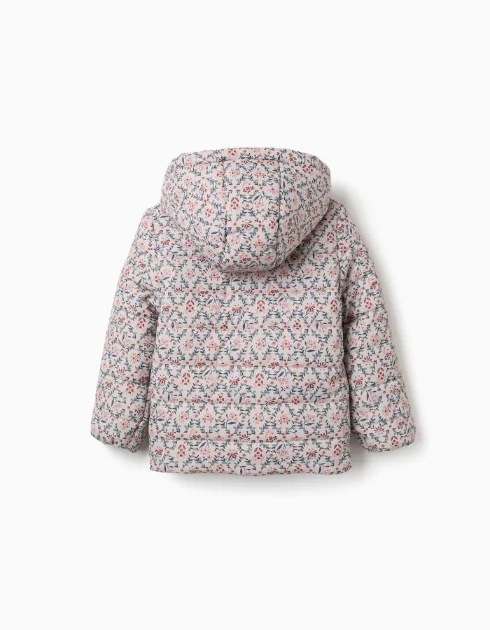 Floral puffer jacket with hood and plush lining for girls, beige