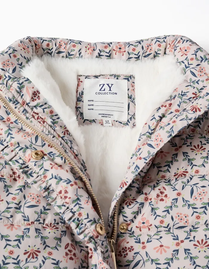Floral puffer jacket with hood and plush lining for girls, beige