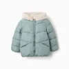 Hooded puffer jacket with plush lining for girls, light green