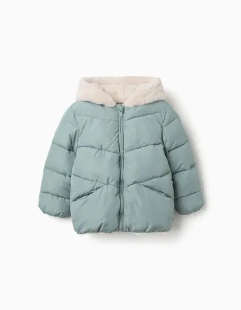 Hooded puffer jacket with plush lining for girls, light green