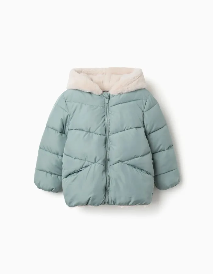 Hooded puffer jacket with plush lining for girls, light green