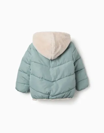 Hooded puffer jacket with plush lining for girls, light green