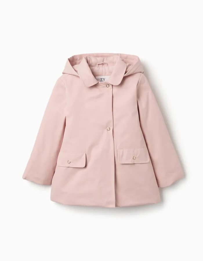 Padded parka with detachable hood and pockets for girls, light pink