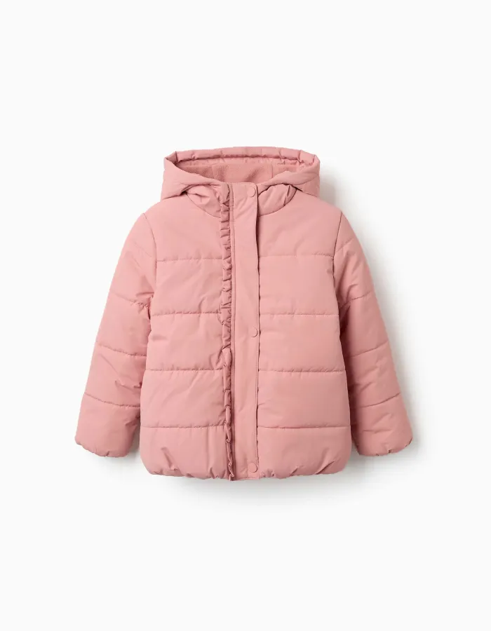 Hooded puffer jacket with polar fleece lining for girls, pink