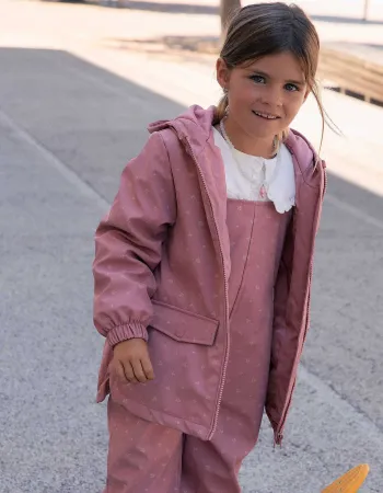 Padded rubber parka with hood and floral print for girls, pink